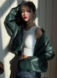 ［DAZY］フェイクレザージャケット（グリーン）