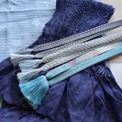 濃紺絞り、ペールブルー 帯揚げ2点、帯締め3点セット