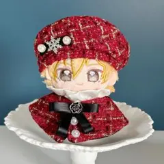 10〜12cm ぬい服　サテン ツイード ベレー帽　チェック　ポンチョ　赤色