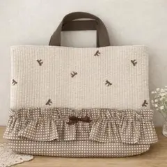 【まとめ割引あり】 ⑤トートバッグ ヌビキルト リボン刺繍　チェック　入園入学