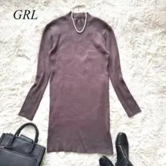 E5【グレイル】リブニットタイトスカート　膝丈　ブラウン　長袖　ハイネック　M