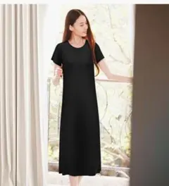 【新品】[LIFKOME] ルームウェア ワンピース 半袖 ブラック（M）