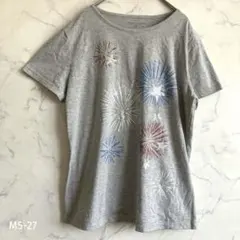 花火 プリント Tシャツ レディース M グレー 半袖 ラメ