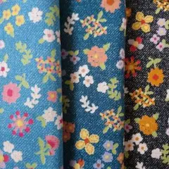 生地 3枚 はぎれ はな 花 小花 綿麻 デニム風 ハンドメイド