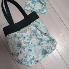 ハンドメイドトートバッグサブバッグエコバッグポーチおまけ、花柄。上品グリーン。