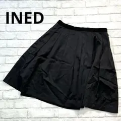 j010【イネド】フレアスカート☆タック　ひざ丈　シンプル　黒　綿　レーヨン
