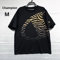 Champion ゴールドゼブラ柄 ロゴマーク半袖Tシャツ スポーツ ブラックM