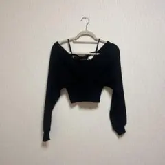 オフショルダーリブ編み長袖トップス 黒　shein