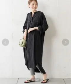 チャオパニックティピー　微光沢バンドカラーシャツワンピース　ブラック