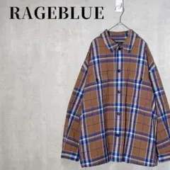 RAGEBLUE　柄チェックCPOシャツ　ルーズシルエット　ブラウン×ブルー　M