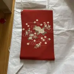 赤花柄刺繍 名古屋帯