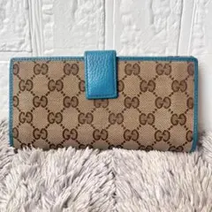 良品✨GUCCI GGキャンバス　長財布　ターコイズブルー　Wホック