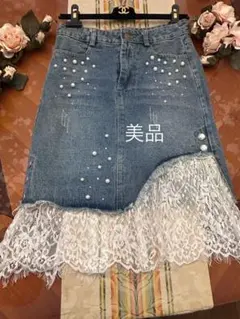 デニムスカート パール ビジューアイラッシュレース付き