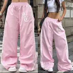ダンス練習着 サイドライン ワイドパンツ ピンク Mのサムネイル