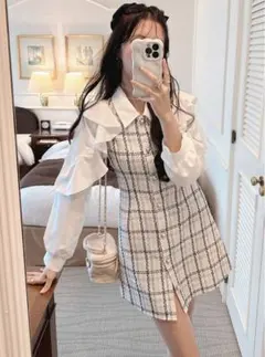 ツイードフリルスリーブミニワンピース tg654