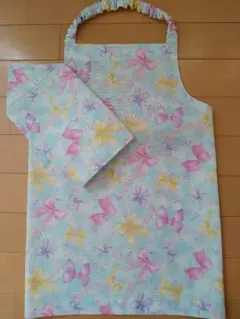 120前後エプロン2点セット リボン柄薄水色