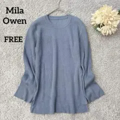 ミラオーウェン　リブニットセーター　スリット入り　ブルー　シンプル　7部袖