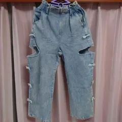 女の子デニムパンツ リボン ダメージ加工 150サイズ