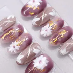 【359】ネイルチップSサイズ 紫　ブラウン 金箔 花柄 ニュアンス マグネット