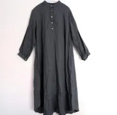 fog linen work◆リトアニアリネン バンドカラーワンピース 濃紺