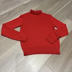 赤いフリルネック長袖ニット　Mサイズ　赤色　ニット