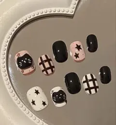 ネイルチップ 猫 ブラック ピンク 個性ネイル 韓国