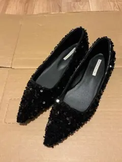 ブラック スパンコール フラットシューズ