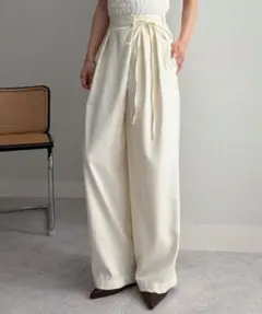 RANAN　麻調2タックラップリボンパンツ　アイボリー