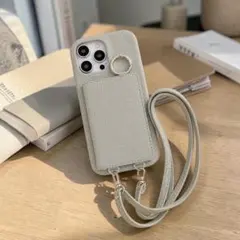 【新品】iPhone15 ケース ショルダー カード収納 ブルーグレー レザー