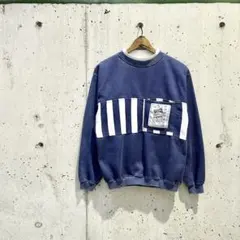 80s90s 胸ポケット ストライプ スウェット トレーナー ネイビー アート