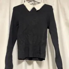 ファー襟付き リブニット 長袖 ブラック M