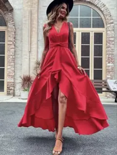 レッド Vネック フリル ロングワンピース