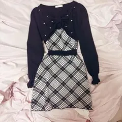 evelyn エブリン 長袖チェックリボンニット ブラック　黒