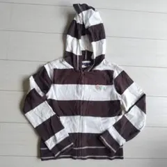 GapKids ストライプ 薄手ジップアップ パーカー 白 x こげ茶 150㌢