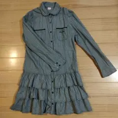 グレー系チェック フリル付き長袖ワンピース★150cm