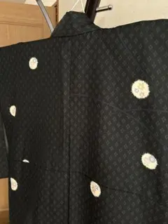 黒花柄小紋着物　洗える着物