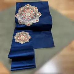 藍色 名古屋帯 刺繍入り
