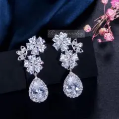 フラワーお花雫イヤリングジルコニアスブライダル結婚式ウェディングパーティーc