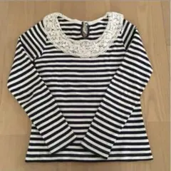 アースミュージックアンドエコロジー ストライプ 長袖 トップス レース襟 S