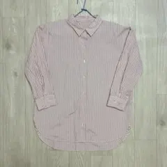 ピンク　ストライプシャツ　ロング丈