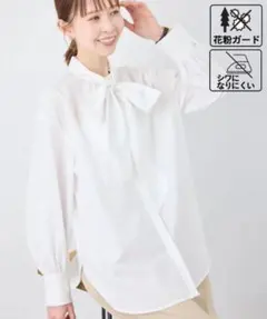 ロペピクニック　花粉ガード・防シワ　ボリューム袖ボウタイブラウス