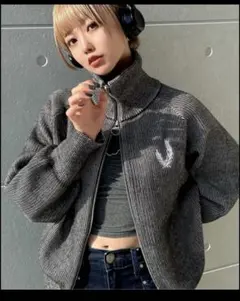 ダブルジップ ニット カーディガン トップス ニット セーター　ブラック　m