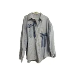 リボン付き青白ストライプシャツ L