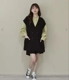 RETRO GIRL：ブラック ゆったりダブルブレスト ベストF