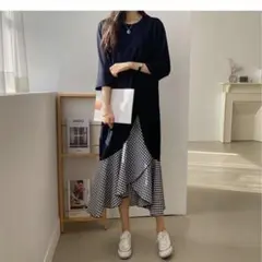 新品タグ付き 切り替えワンピース ロングワンピース チェック柄 フレア 大きめ