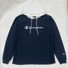 Champion リバースウィーブ パーカー XL ネイビー 刺繍ロゴ ツートン