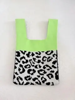 レオパード柄 ニットバッグ グリーン ミニトート コンパクト