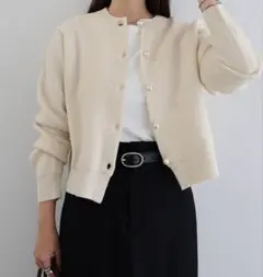 パールボタン無地ボーダー長袖ニットカーディガン