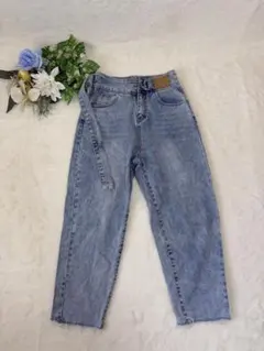 ハイウエスト デニムパンツ Lサイズ ベルト付き テーパード カットオフジーンズ