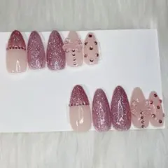 【現品】ネイルチップ ピンク スキンカラー ラメ 水玉 ドット リボン ストーン